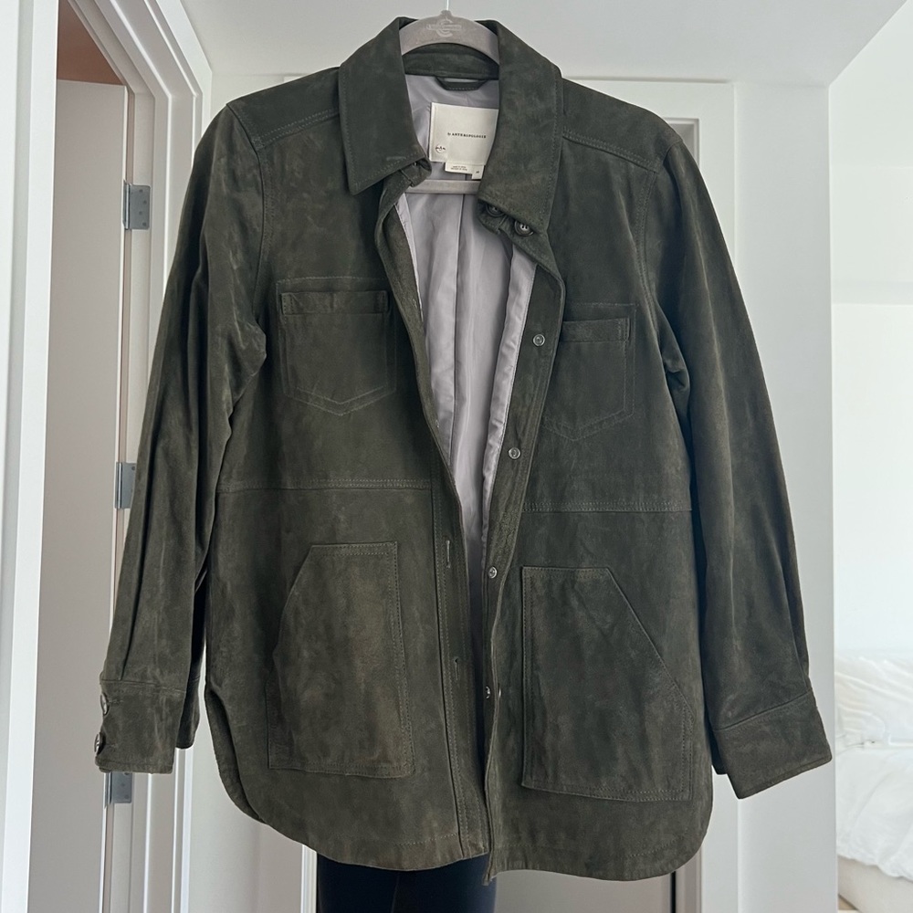 Anthropologie | Dark green suede leather shirt jacket/“shacket” | Size XS